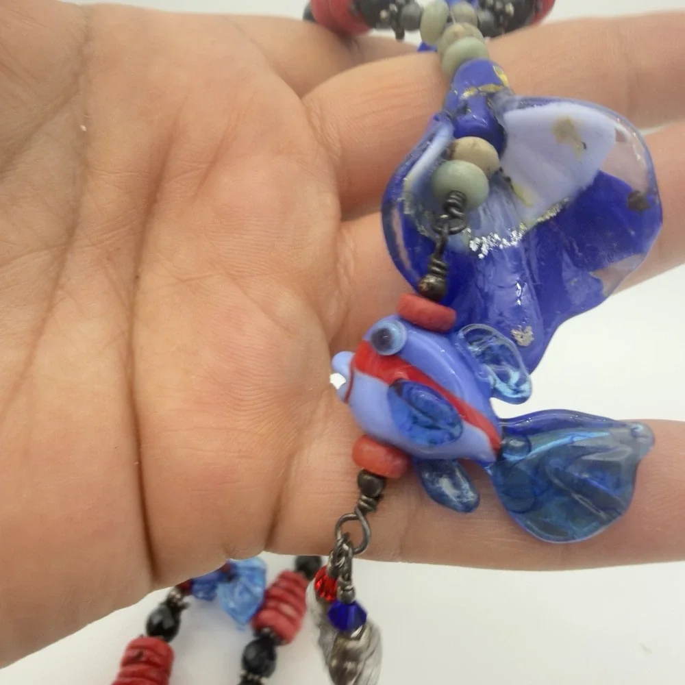 Vtg Sterling Silver Hand blow Glass Bead Necklace Fish Red Coral Y Drop Signed